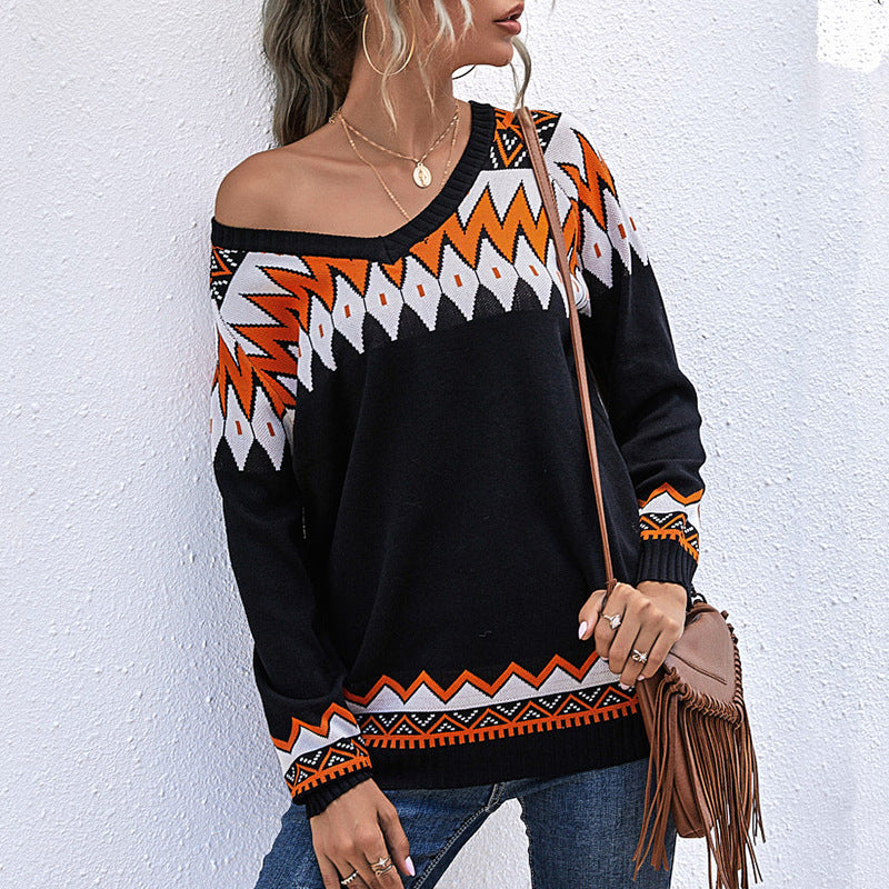 Damen Oversize Strickpullover mit geometrischem Aztekenmuster und asymmetrischem schulterfreiem Ausschnitt Drune