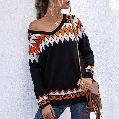 Damen Oversize Strickpullover mit geometrischem Aztekenmuster und asymmetrischem schulterfreiem Ausschnitt Drune