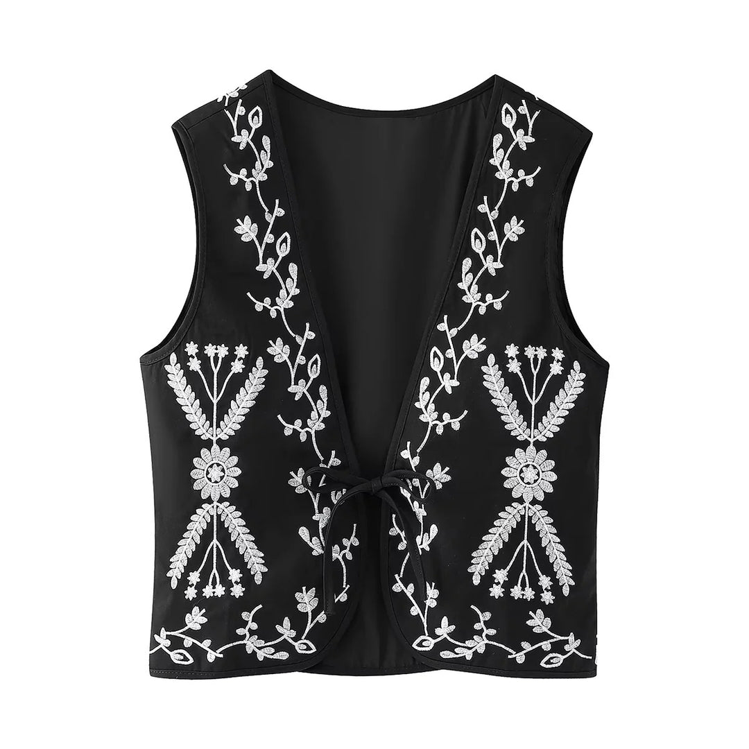Damen nan bestickte Kurzweste im Boho-Stil mit tiefem V‑Ausschnitt, floraler Zierstickerei und Bindeband Drune