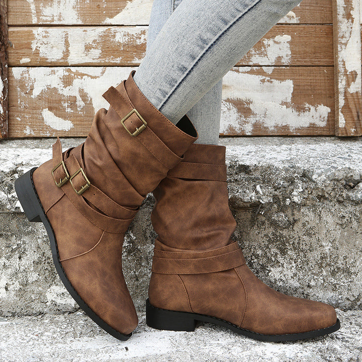 Damen modische Stiefeletten mit stylishen Schnallen und raffiniertem Falten-Design Drune
