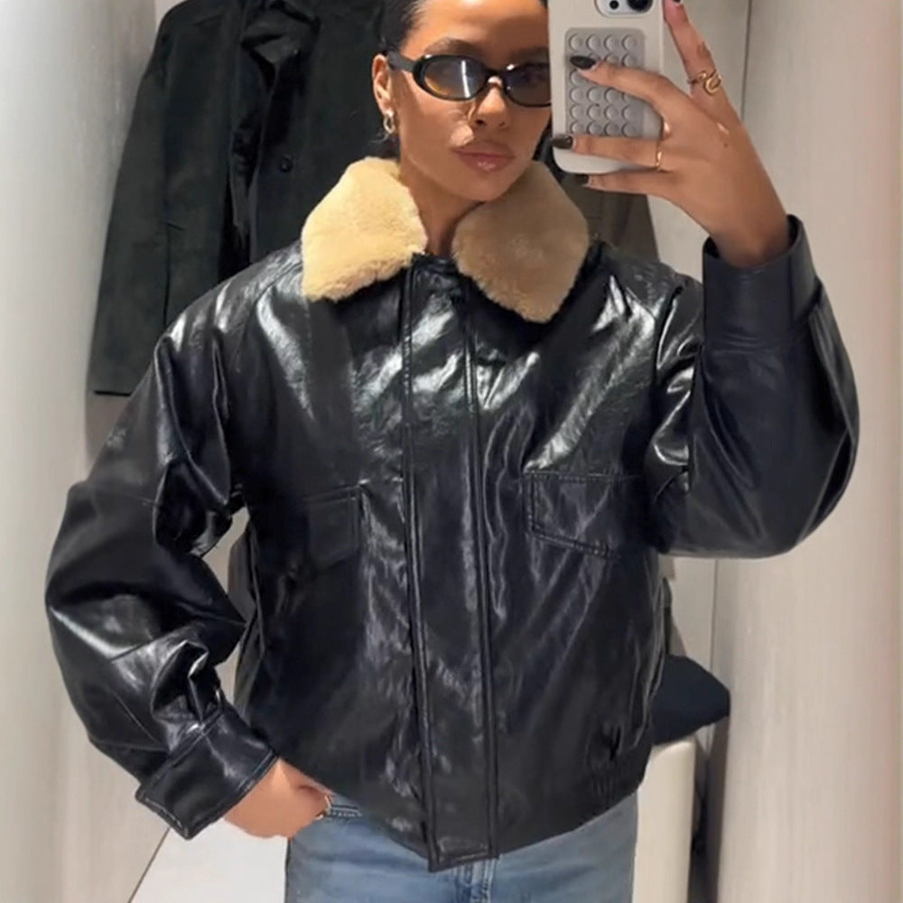Damen Glänzende Oversize Lederimitat-Bomberjacke mit voluminösem Kunstfellkragen Drune