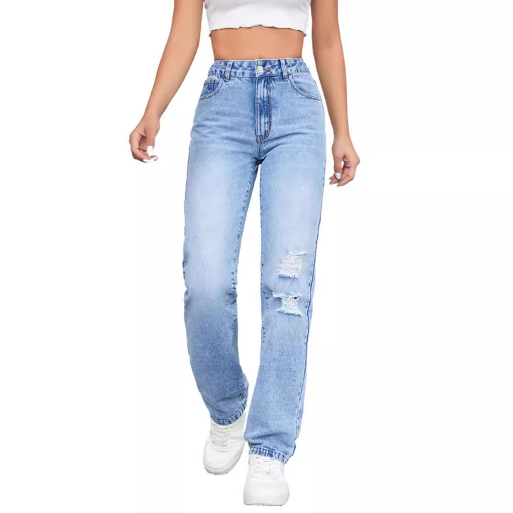 Damen hohe Jeans im lässigen Vintage-Stil mit stylischem Destroyed-Effekt Drune