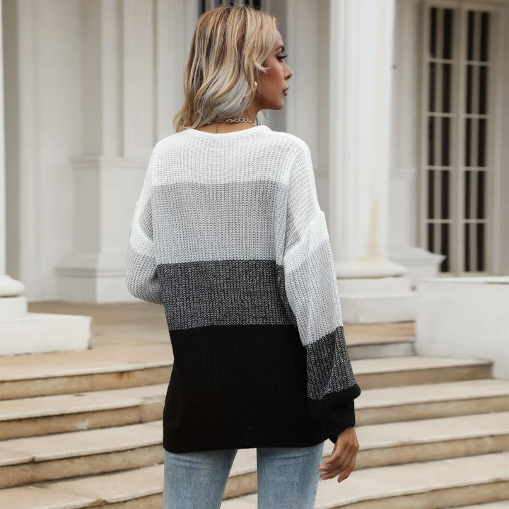 Damen Oversize-Colorblock-Strickpullover mit geradem Saum und Ballonärmeln Drune