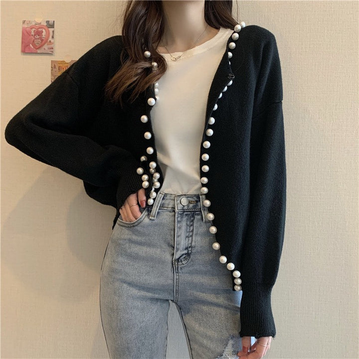 Damen Strickjacke mit Perlenverzierung und Lockeren Schnitt Drune