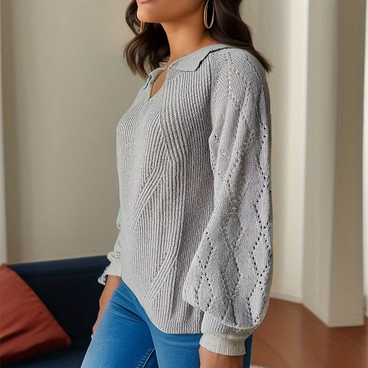 Damen Strickpullover mit eleganter Stickerei und auffälligem V-Ausschnitt Drune