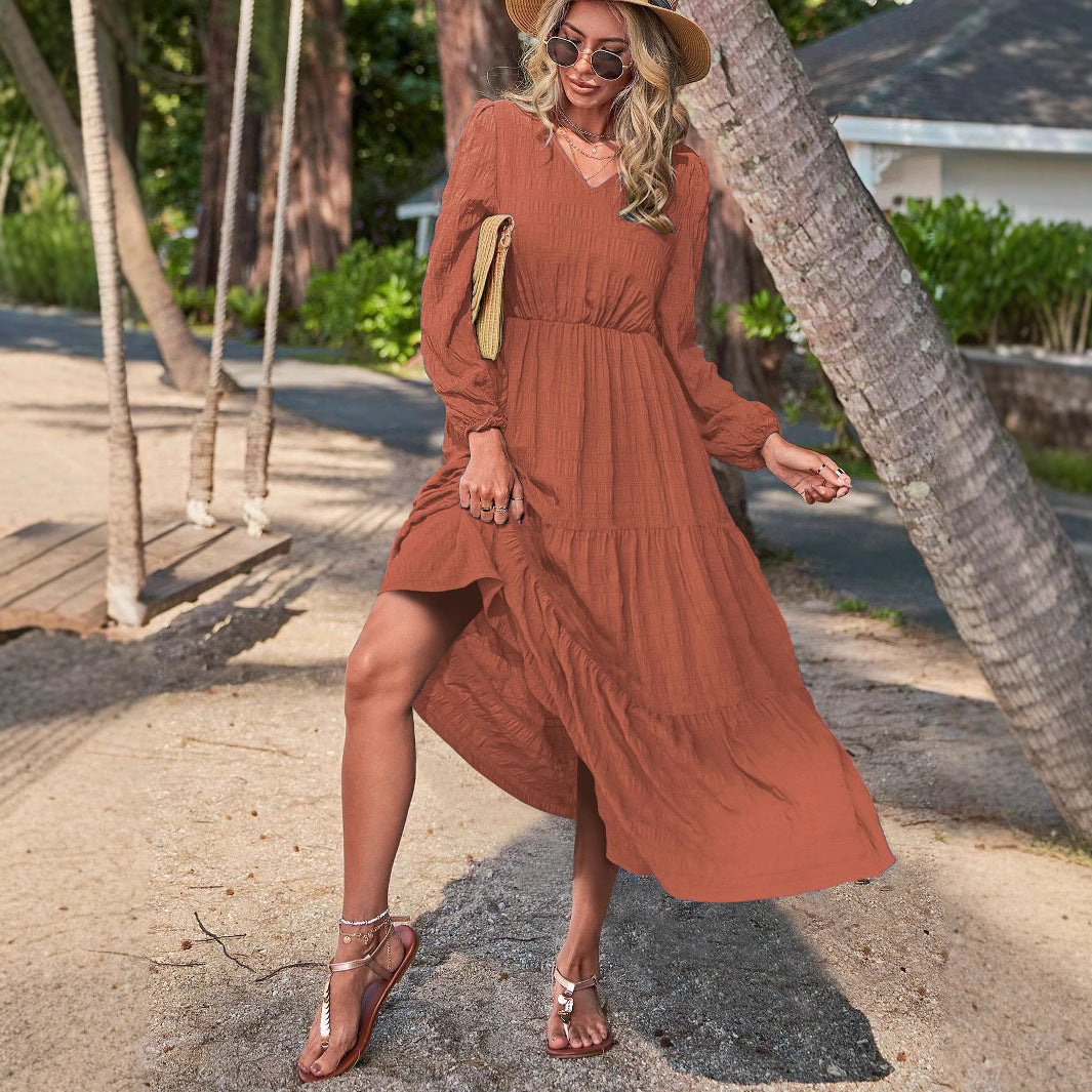 Damen Maxikleid mit leichtem Crinkle-Design und elegantem V-Ausschnitt Drune
