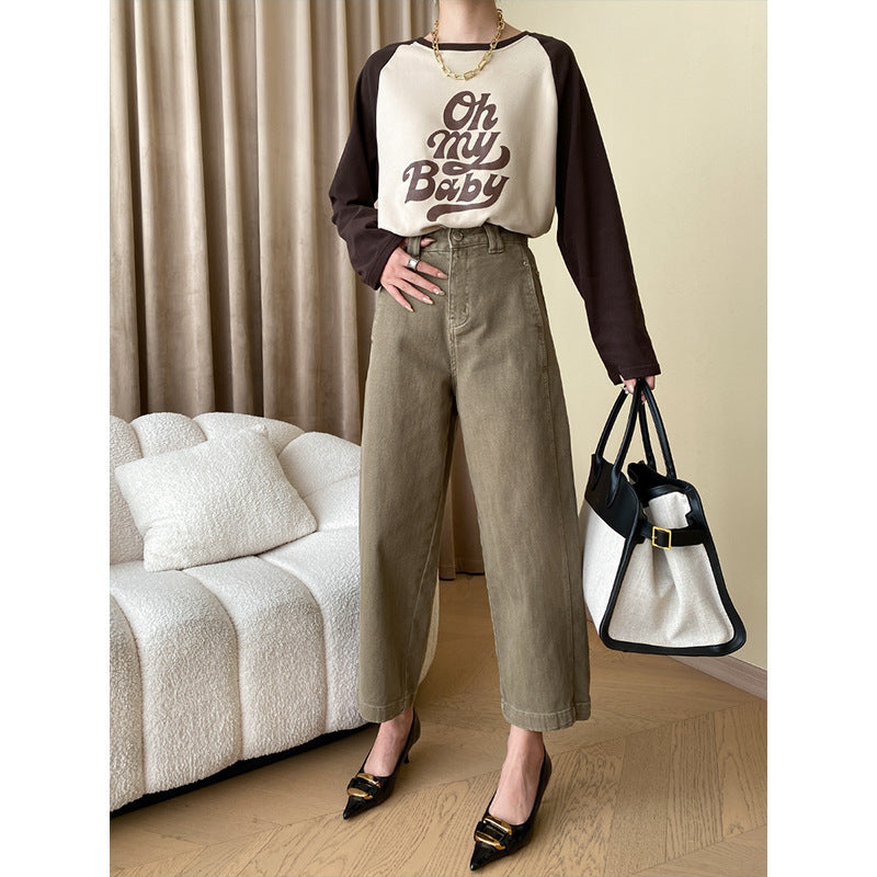 Damen lässiges Langarmshirt mit dekorativem Schriftzug und weiten Hosen Drune