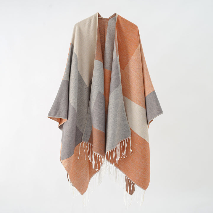 Damen Großer Wolloptik-Poncho mit geometrischem Blockmuster und Fransensaum Drune