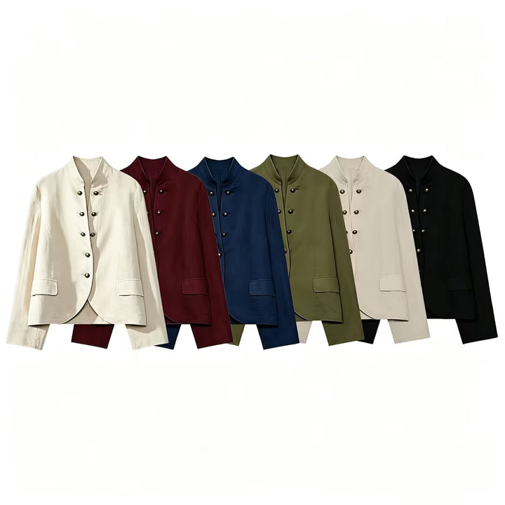 Damen Elegante Kurzjacke mit Stehkragen, Zierriegelknöpfen und Pattentaschen Drune