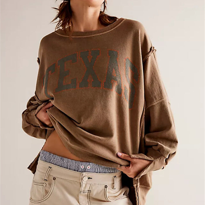 Damen oversized Sweatshirt mit Rüben-Print, ausgefransten Nahtakzenten und Daumenlochärmeln Drune