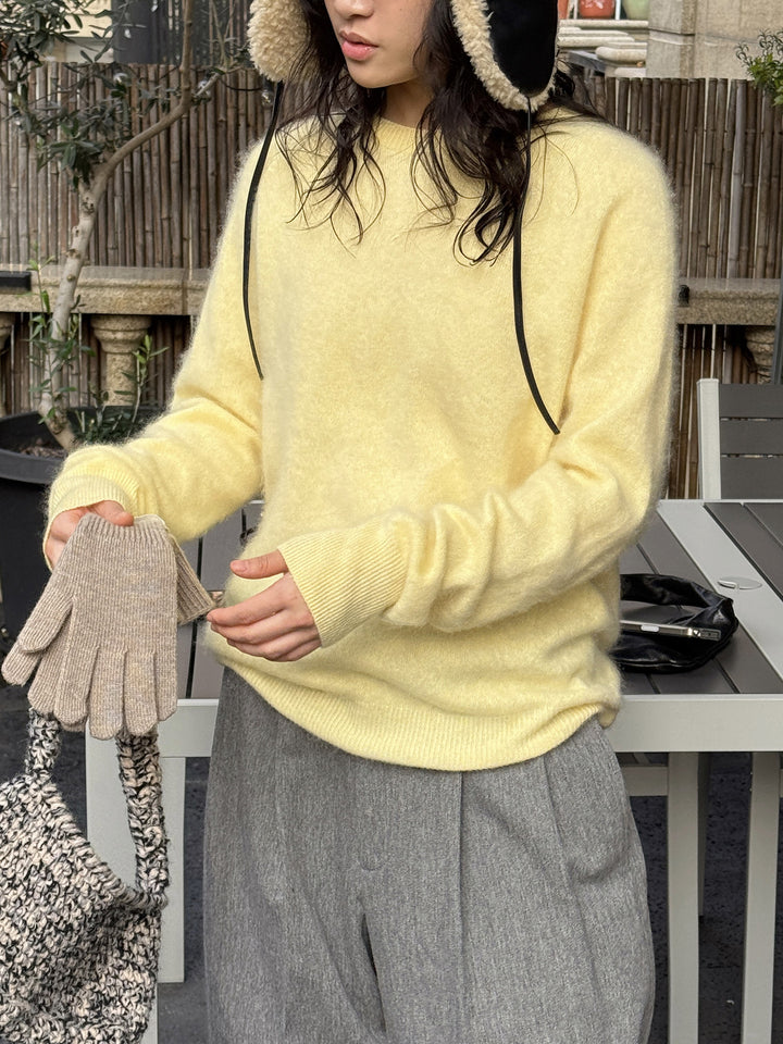 Damen Weicher Fluffy-Strickpullover mit feinem Rundhalsausschnitt und geripptem Saum Drune