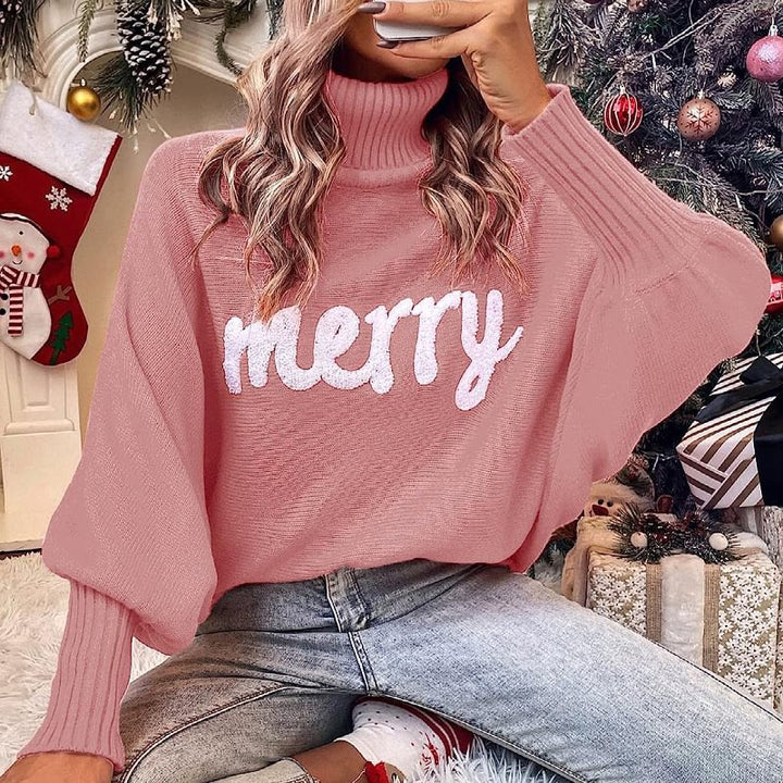 Damen Oversized Rollkragenpullover mit festlichem Schriftzug Drune