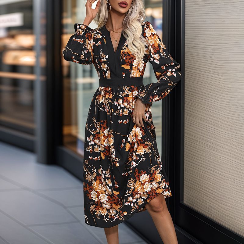 Damen Midikleid mit tailliertem Bund, V‑Ausschnitt, langen Ärmeln und floralem Allover‑Print Drune