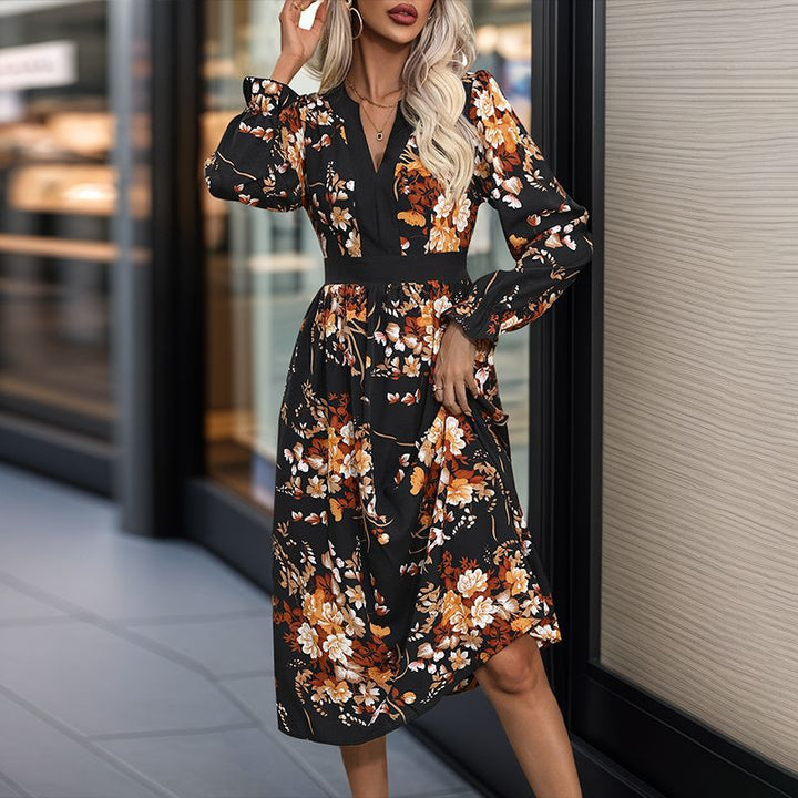 Damen Midikleid mit tailliertem Bund, V‑Ausschnitt, langen Ärmeln und floralem Allover‑Print Drune