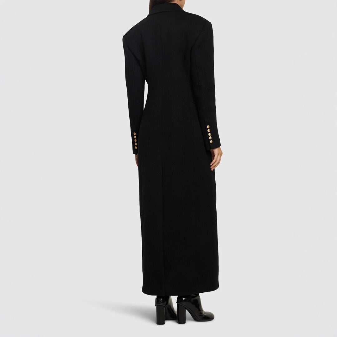 Damen Maxi-Mantelkleid mit markanter Schulterpartie und goldenen Zierknöpfen Drune