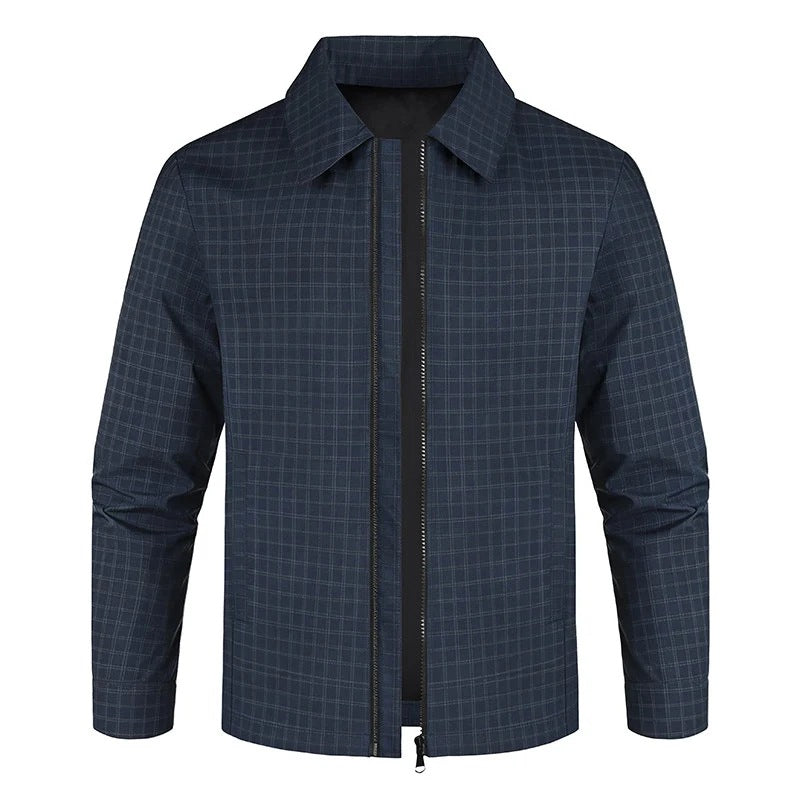 Herren Leichtes kariertes Overshirt-Jackett mit verdecktem Zwei-Wege-Reißverschluss und Hemdkragen Drune