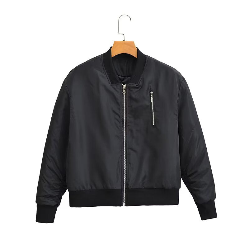 Damen Kurz geschnittene Nylon-Bomberjacke mit glänzender Oberfläche, wattiertem Futter und Metallreißverschluss Drune
