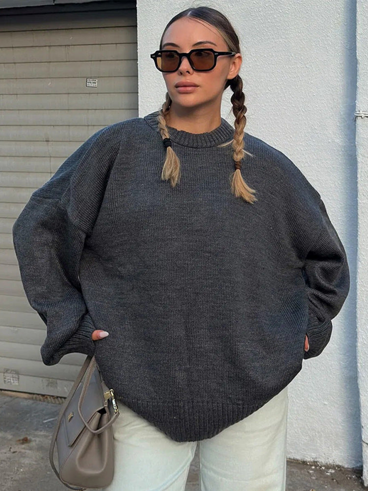 Damen Oversize-Feinstrickpullover mit Rundhalsausschnitt & verlängerten Manschetten Drune