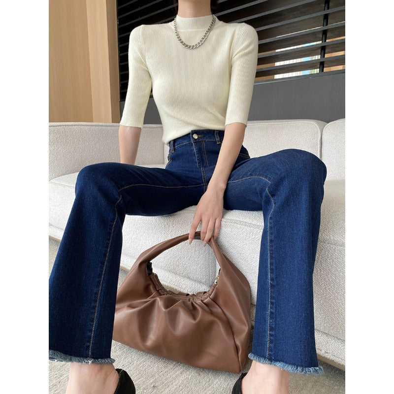 Damen High-Waist Flared Jeans mit fransigen Säumen Drune