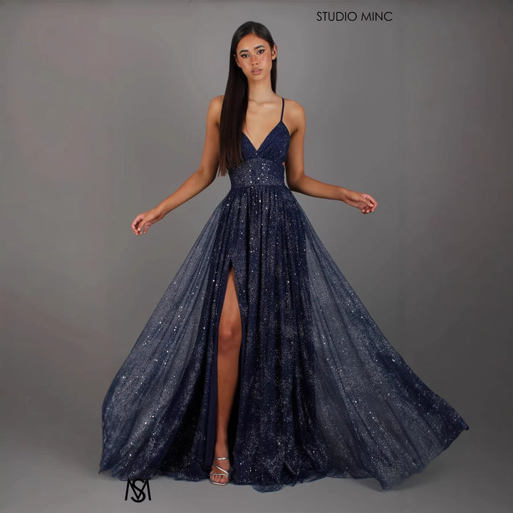 Damen Elegantes Abendkleid mit glamourösem V-Ausschnitt und funkelndem Tüll Drune