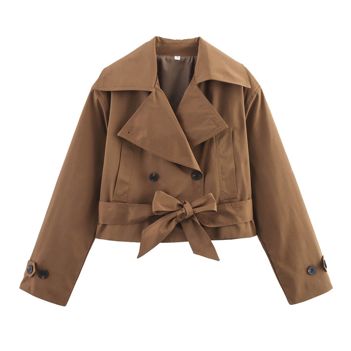 Damen nan kurze Taillen-Trenchjacke mit doppelreihiger Knopfleiste breitem Schalkragen und taillierendem Bindegürtel Drune