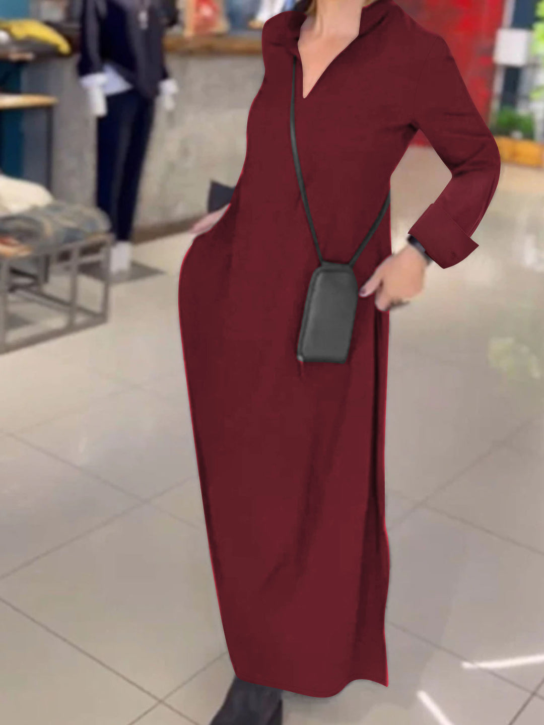 Damen Fließendes Maxikleid mit Stehkragen‑V‑Ausschnitt, langen Ärmeln und seitlichen Eingrifftaschen Drune