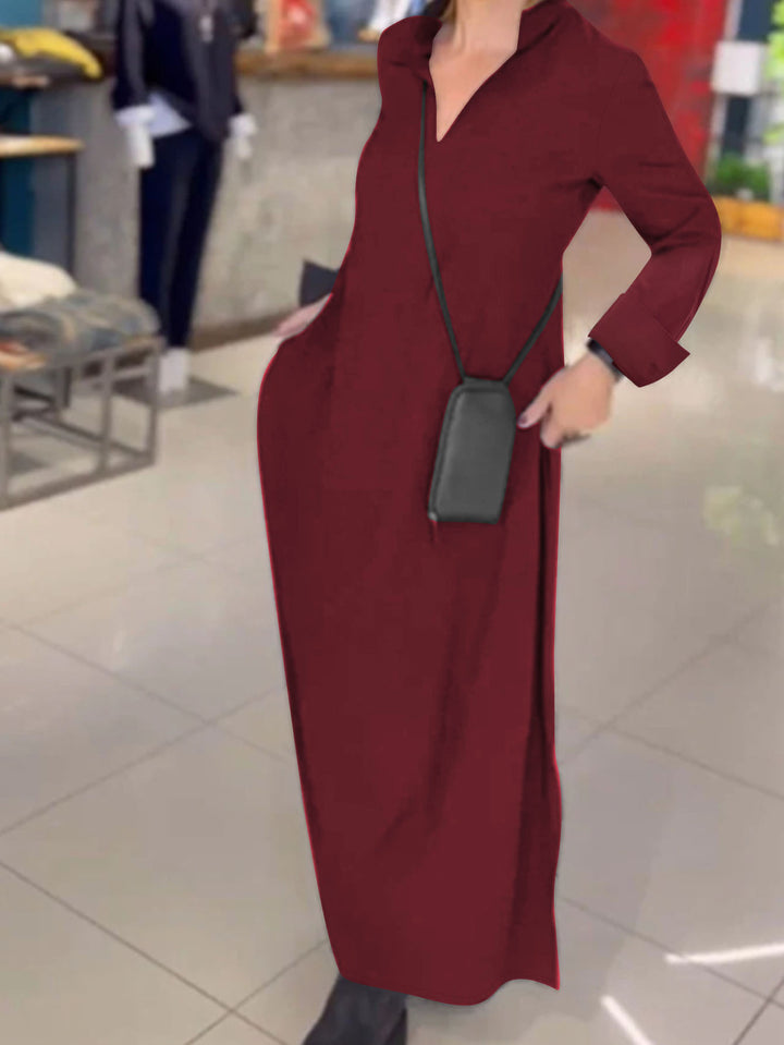 Damen Kragenblusenkleid mit V-Ausschnitt, Eingrifftaschen und seitlichen Schlitzen Drune