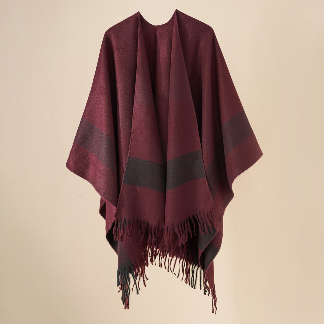 Damen Wollmix‑Schulterponcho mit Fransensaum und kontrastierenden Blockstreifen Drune