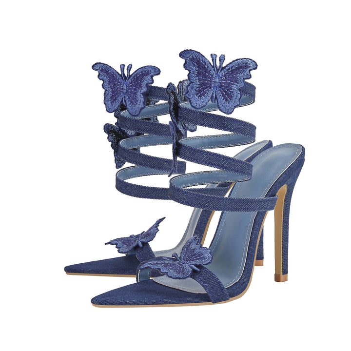 Damen High-Heeled Denim Sandalen mit Schmetterlingsverzierungen Drune