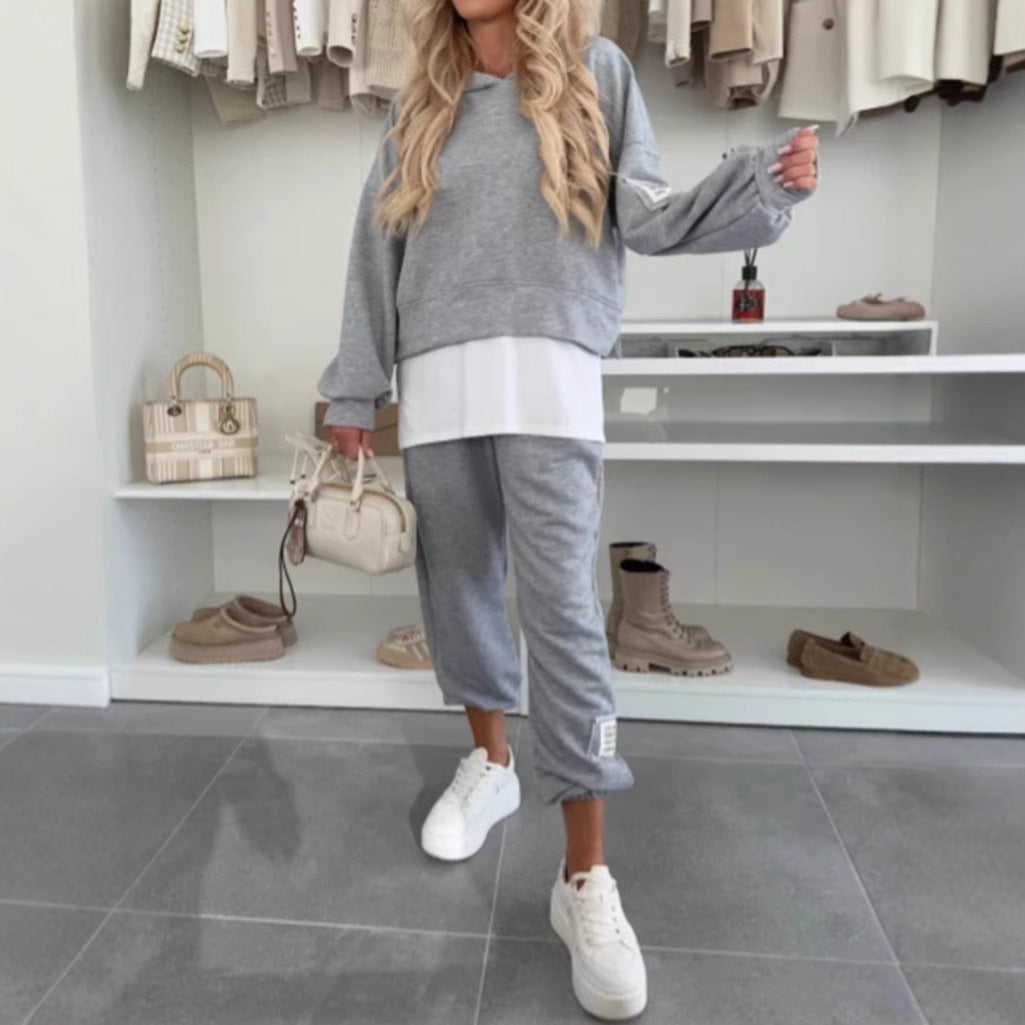 Damen nan kuscheliges kurzes Kapuzensweatshirt und Jogginghose-Set aus weicher Baumwollmischung Drune