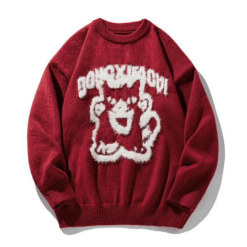Unisex Oversize‑Strickpullover mit dreidimensionalem Flauschmotiv Katze und geripptem Saum Drune