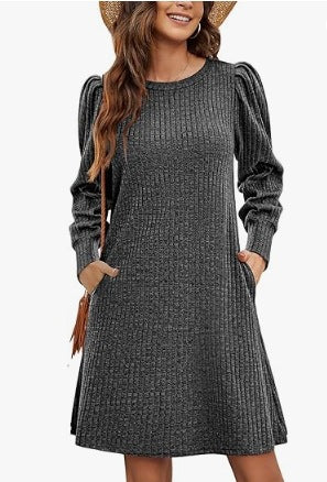 Damen nan gestricktes A-Linien Strickkleid mit Puffärmeln Drune