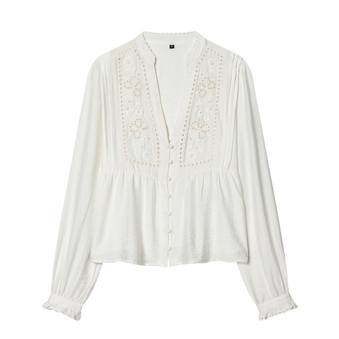 Damen nan leichte bestickte Baumwollbluse im Boho‑Stil mit Stehkragen, Zierknopfleiste und geraffter Empire‑Taille Drune