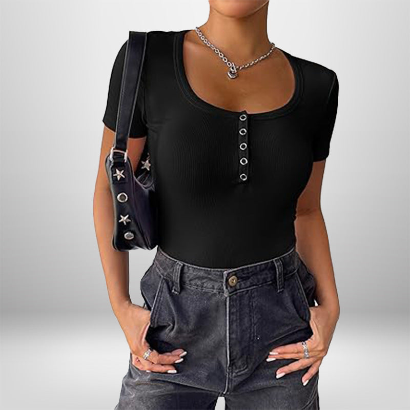 Damen Kurzarm Bodysuit mit Knopfdetails und figurbetonter Silhouette Drune