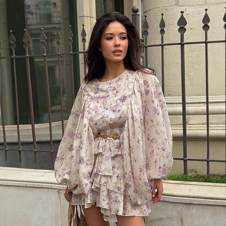 Damen Chiffon-Minikleid mit Volantstufen, Ballonärmeln und Ziergürtel Drune