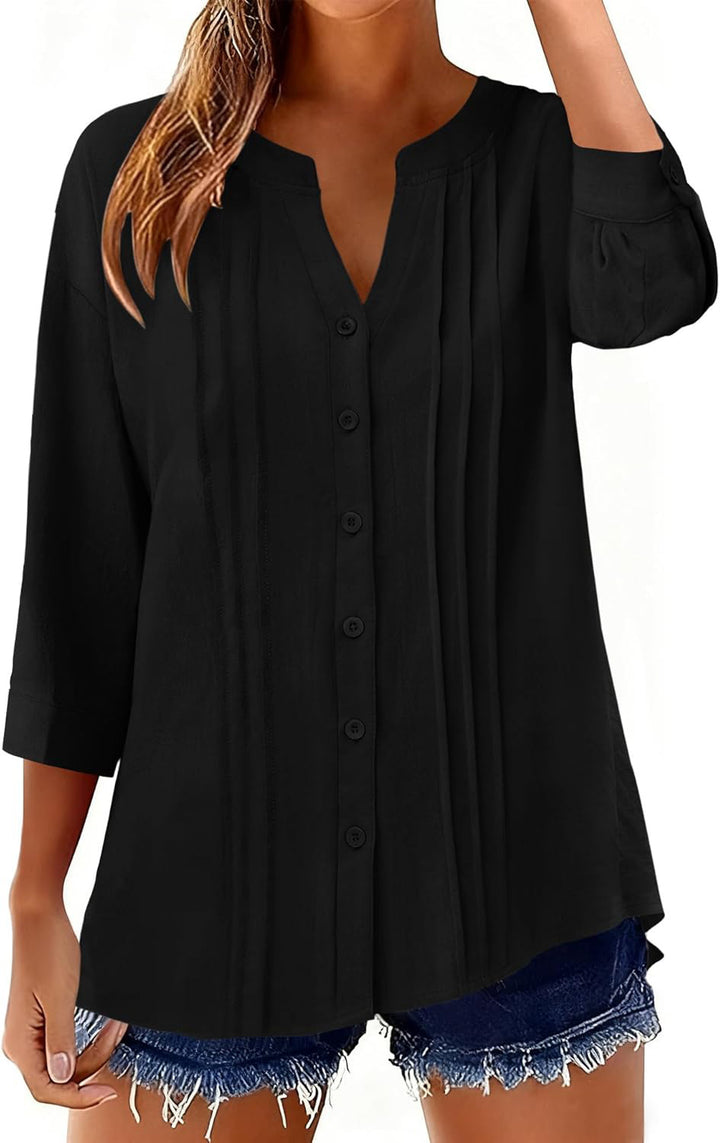 Damen Lockeres Tunikashirt mit Kellerfalten und dreiviertel Ärmeln Drune