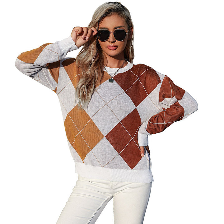 Damen Lockerer Argyle-Strickpullover im Oversize-Schnitt mit Rundhalsausschnitt und Rippbündchen Drune