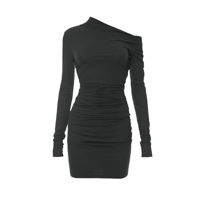 Damen Langarm Minikleid mit feinen Rüschendetails und asymmetrischem Ausschnitt Drune