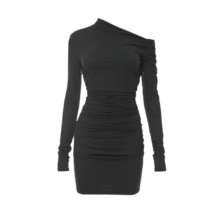 Damen Langarm Minikleid mit feinen Rüschendetails und asymmetrischem Ausschnitt Drune