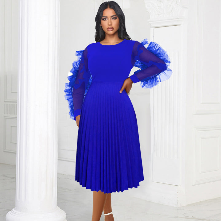 Damen plissiertes Kleid mit voluminösen Tüllärmeln Drune
