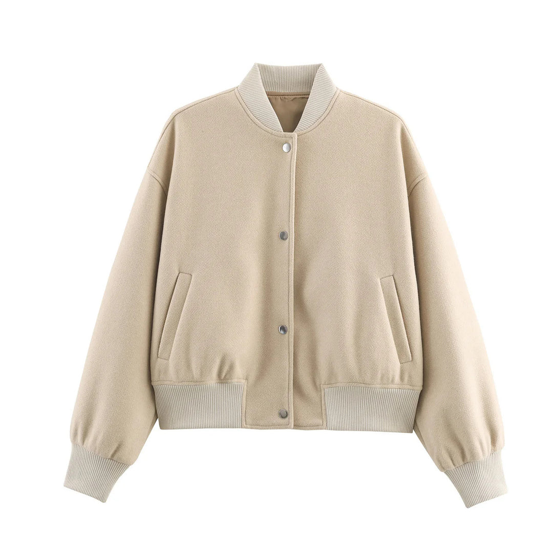 Damen nan kastig geschnittene Wolloptik-Collegejacke mit verdeckter Druckknopfleiste und seitlichen Schubtaschen Drune