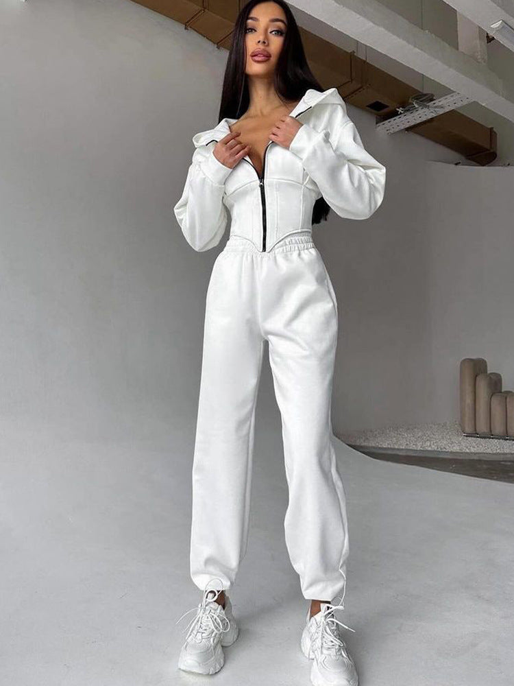Damen Figurschmeichelnder Jumpsuit mit tailliertem Design und sportlicher Kapuze Drune