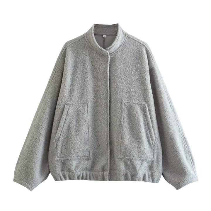 Damen nan oversized Teddyjacke mit Stehkragen, aufgesetzten Taschen und geradem Saum Drune