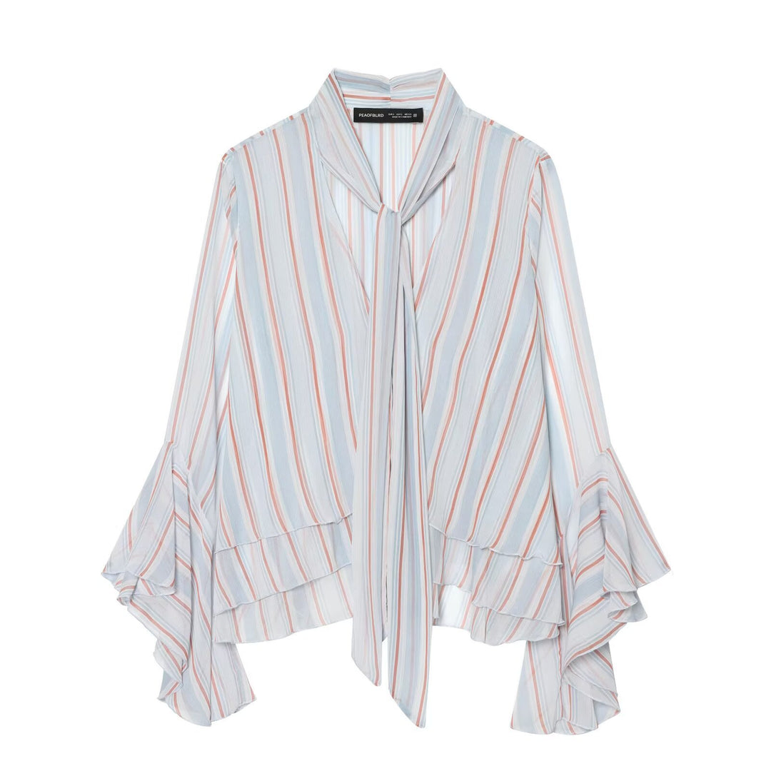 Damen Leichte Chiffonbluse mit Schluppe, Volant-Saum und ausgestellten Trompetenärmeln Drune