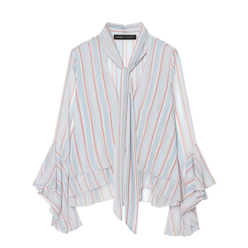 Damen Leichte Chiffonbluse mit Schluppe, Volant-Saum und ausgestellten Trompetenärmeln Drune