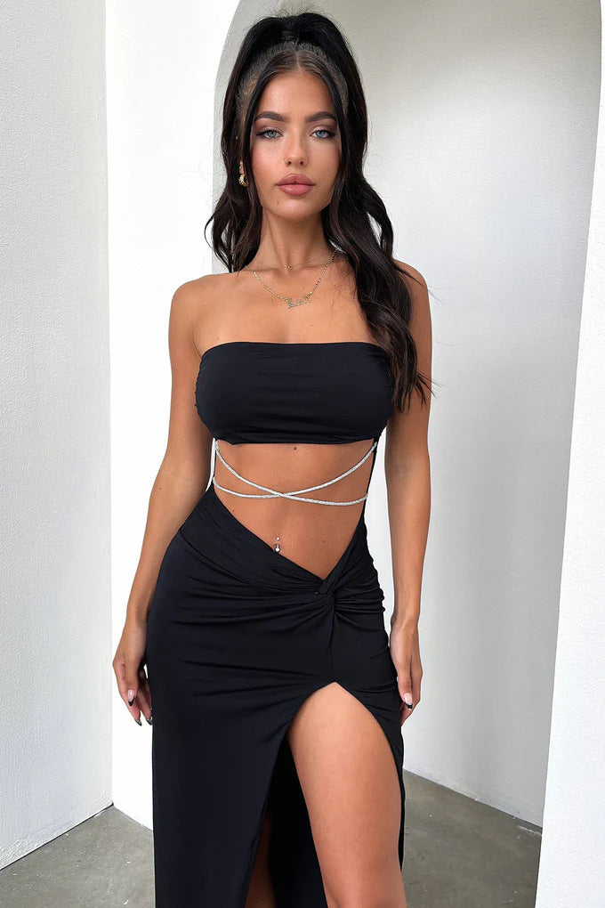 Damen Elegantes bandeau Maxikleid mit hohem Schlitz und glänzenden Details Drune