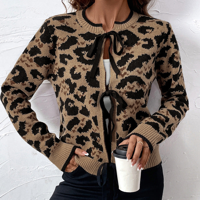 Damen Leopardmuster Strickcardigan mit Bindeschleifen und gerippten Bündchen Drune