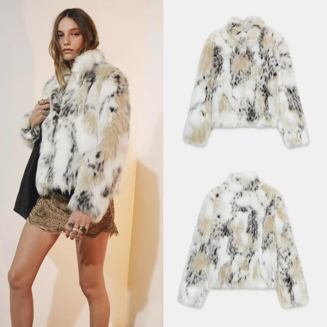 Damen Kurze Kunstfelljacke im Patchfell-Look mit hohem Stehkragen Drune