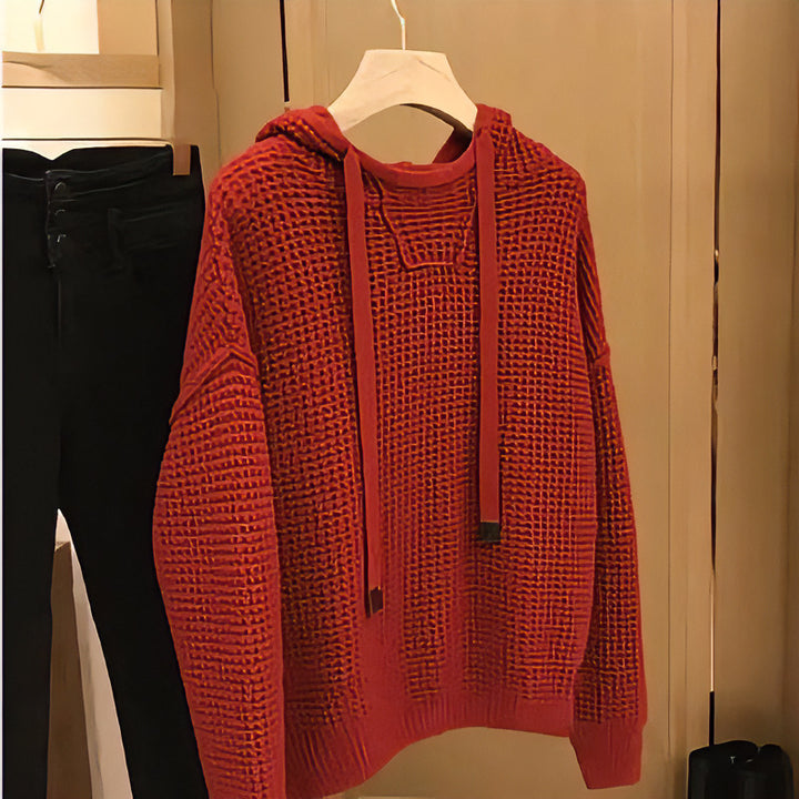 Damen Grob gestrickter Kapuzenpullover mit Waffelstruktur und Kordelzug Drune