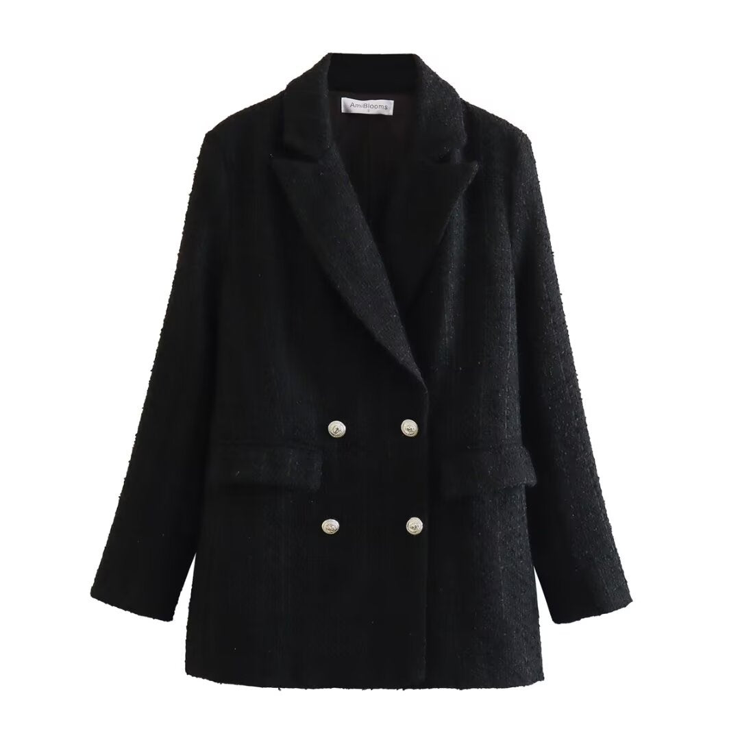 Damen Doppelreihiger Bouclé‑Tweed‑Blazer mit Schalkragen und Pattentaschen Drune